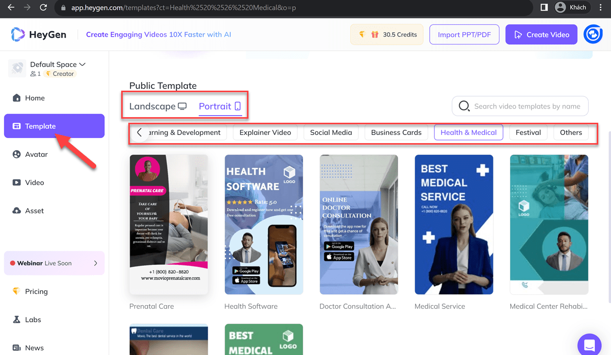 Tạo MC ảo từ mẫu template có sẵn tại heygen AI